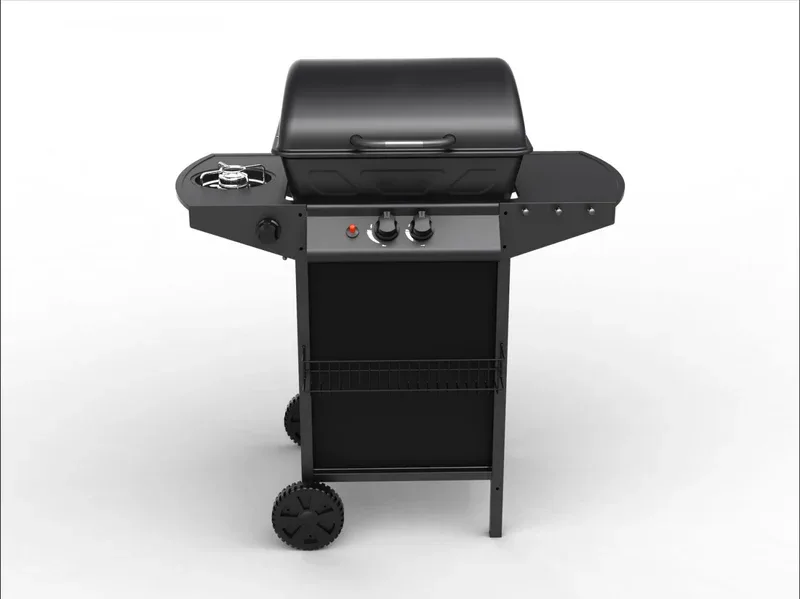 Barbecue gaz Nario vue avant avec ustensiles et brûleur latéral