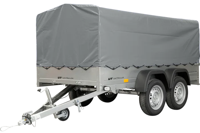 REMORQUE DOUBLE ESSIEUX UNITRAILER 264/2 KIPP AVEC ROUE JOCKEY, ARCEAU ET BÂCHE GRISE