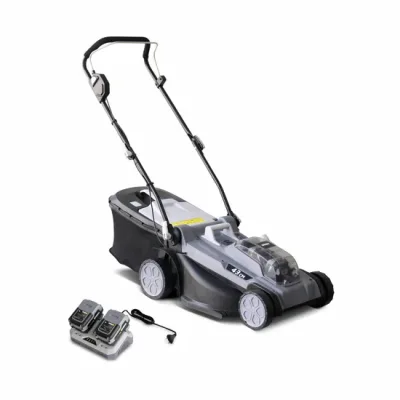Tondeuse à gazon VOLTR 36V sans fil 43cm – Batteries 20V Lithium 4.0Ah + double chargeur rapide, récupérateur d’herbe 40L