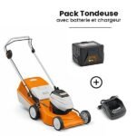 Vue latérale RMA 248.0 STIHL bac de récupération et carter acier robuste