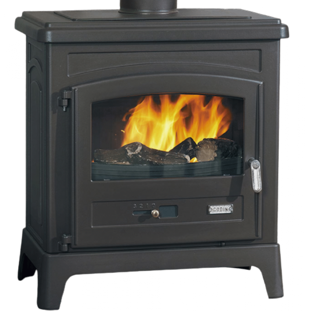 Poêle Fonteval Godin 10 kW vue avant avec large vitre et habillage fonte